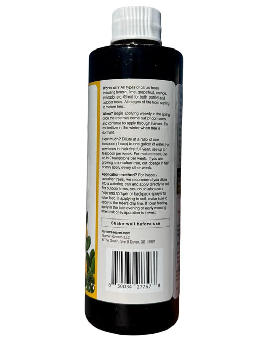 Farmer's Secret Citrus Tree Booster Fertilizer (8oz) - Super Concentrated - Formulated for All Citrus Trees Including All Types of Lemons, Limes, and Oranges - Outdoor and Indoor/Container Trees