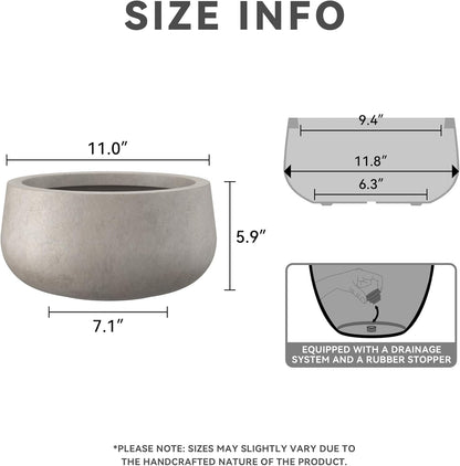 Kante 11.8" Dia Round Concrete Planter, Cement Plant Pots with Drainage Hole and Rubber Plug for Outdoor Indoor Garden Home, Modern Curvaceous Design, Weathered Concrete