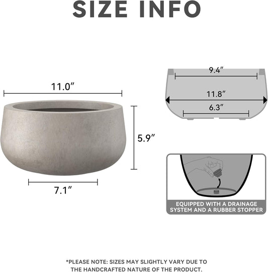 Kante 11.8" Dia Round Concrete Planter, Cement Plant Pots with Drainage Hole and Rubber Plug for Outdoor Indoor Garden Home, Modern Curvaceous Design, Weathered Concrete