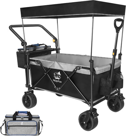 Collapsible Wagon Foldable Wagon Cart with Removable Canopy, Adjustable Push Pulling Handles,Cooler Bag Utility Carts for Shopping, Picnic, Camping,Black Grey