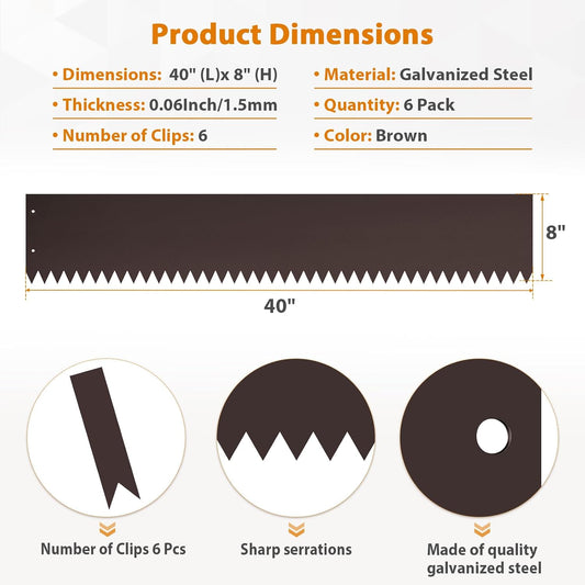 40" L x 8" H Metal Landscape Edging, Heavy Duty Galvanized Steel Garden Edging,6 Pack Steel Landscape Edging with Clips for Lawn, Flower Bed, Yard (Brown)