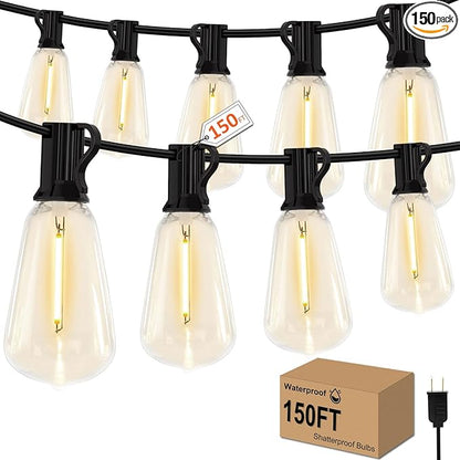 GHUSTAR 150FT LED Outdoor String Llights (NOT Solar) – Patio Lights Outdoor Waterproof for Outside – 2700K Vintage Edison Bulb String Light – Shatterproof Hanging Light for Cafe Porch Deck