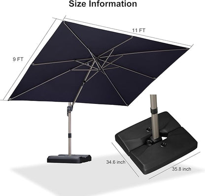 PURPLE LEAF 9' x 11' Patio Umbrella with Base Cantilever Umbrella Rectangular Outdoor Offset Umbrella with Champagne Frame and 360° Rotation for Garden Deck Pool, Navy Blue