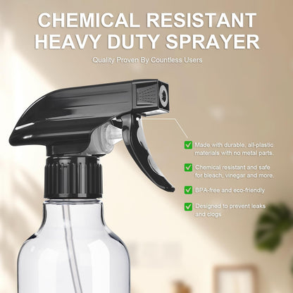 Spray Bottles 2-Pack, 10 Oz, Mist & Stream, Heavy Duty Spraying Empty Water Sprayer Bottle, BPA Free Plastic Refillable Containers for Cleaning Solutions, Plants, Hair, Essential Oils (Clear)