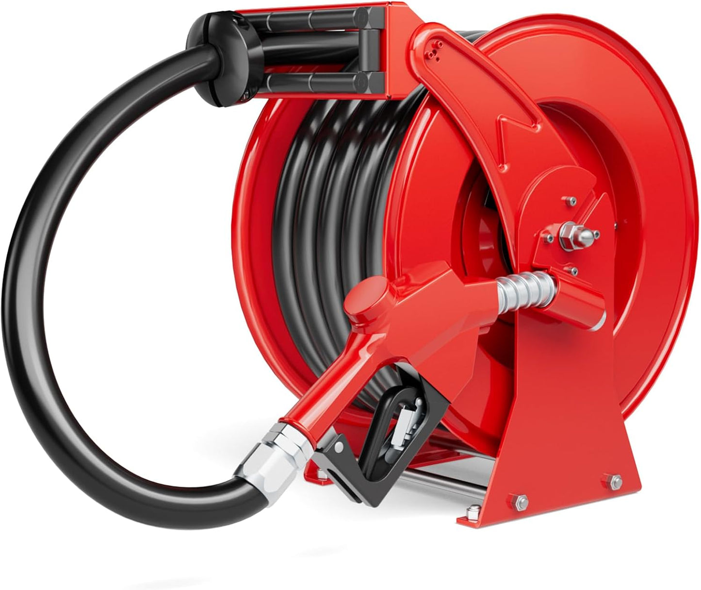 Retractable Diesel Fuel Hose Reel - 1 inch x 33ft Spring Driven Auto Swivel Rewind Hose Holder Reel with Fueling Nozzle, 300 PSI Industrial Steel for Aircraft Ship Vehicle Tank Truck, Red