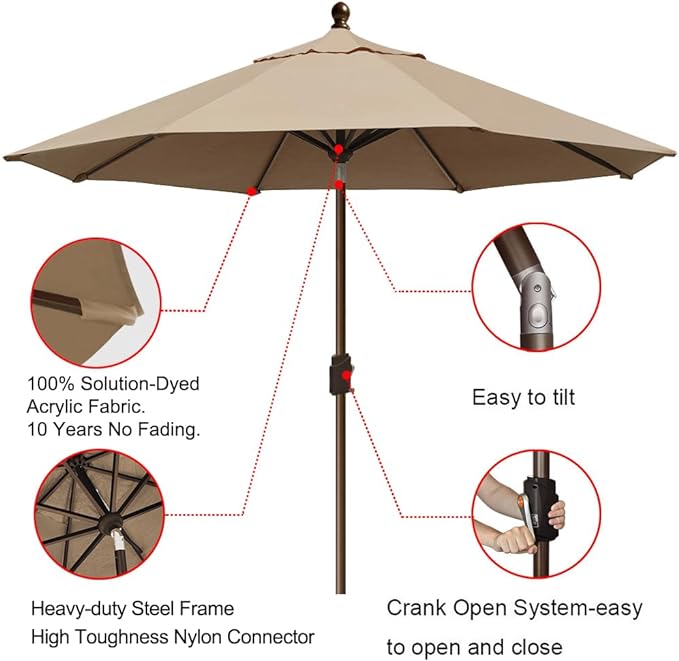 EliteShade USA 10-Year-Non-Fading 9Ft Market Umbrella Patio Umbrella Outdoor Table Umbrella with Ventilation, Heather Beige