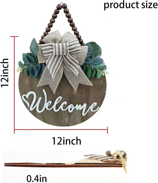 3D Welcome Sign for Front Door |Home/Farmhouse Porch Décor Wooden Hanging Sign with Artificial Leaves and Rustic Beads | Christmas Classroom |12" Round