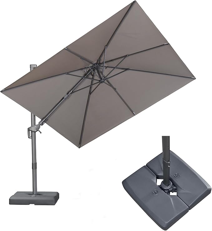 PURPLE LEAF 8' X 8' Swivel Outdoor Patio Aluminum Umbrella with Base Left-right Tilting Cantilever Offset Umbrella with UV Resistant Heavy Duty Fabric for Deck Pool Patio Backyard, Ash Mocha