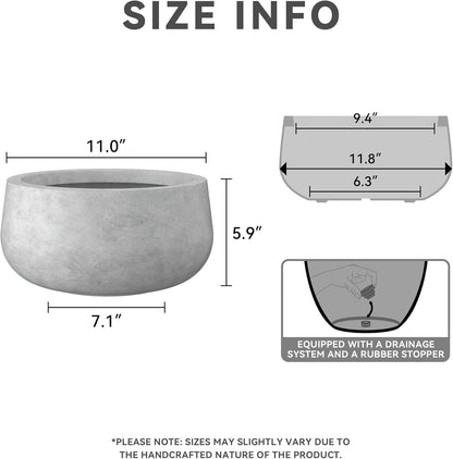 Kante 11.8" Dia Round Concrete Planter, Cement Plant Pots with Drainage Hole and Rubber Plug for Outdoor Indoor Garden Home, Modern Curvaceous Design, Natural Concrete