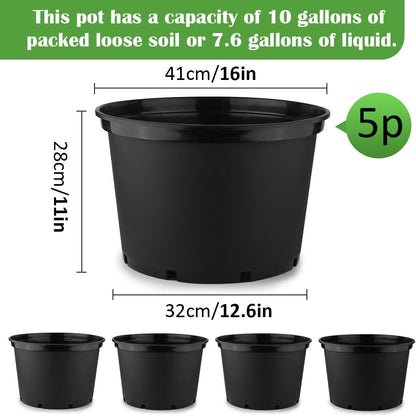 10 Gallon Plastic Nursery Pots, 16 Inch Round Plant Pots with Drainage Holes, 5 Pack Large Garden Flower Pots for Outdoor Indoor Plants, Gardening Gifts for Women, Black