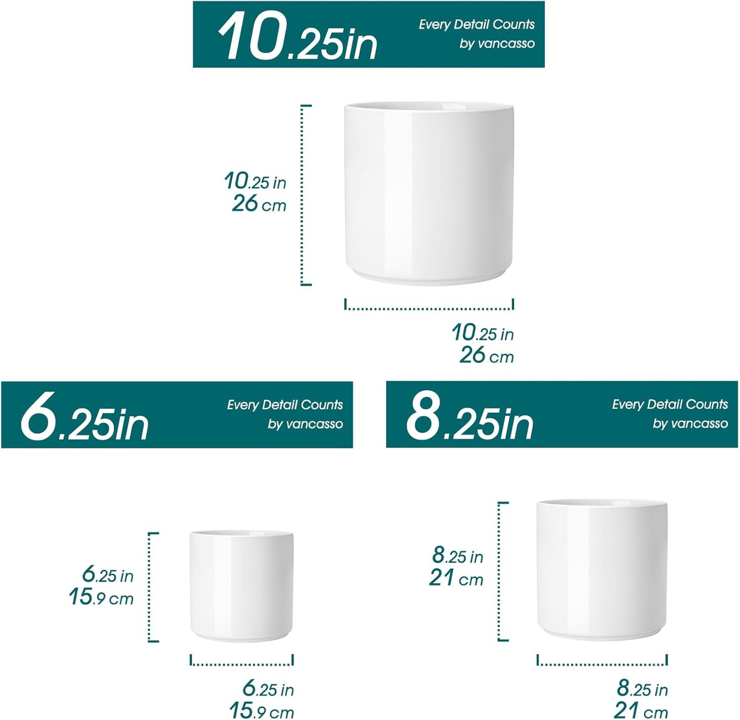 vancasso 6"+8"+10" Ceramic Pot for Plants, Large Outdoor Indoor Planter Pots with Drainage Holes, Set of 3, White