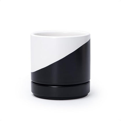 D'vine Dev 4.7 Inch Ceramic Planter Pot with Drainage Hole and Saucer, Indoor Cylinder Round Planter Pot, Oblique Monochrome Black and White, 94-O-B-K