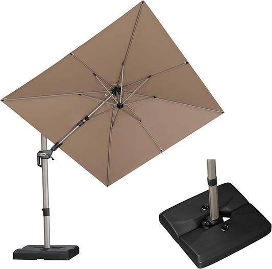 PURPLE LEAF 8' X 8' Left-right Tilting Patio Umbrella with Base Outdoor Swivel Cantilever Offset Aluminum Umbrella with Champagne Frame and 360-degree Rotation for Garden Deck Pool, Taupe