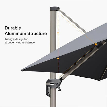 PURPLE LEAF 10' X 10' Patio Umbrella Outdoor Cantilever Umbrella, Aluminum Offset Umbrella with Champagne Frame and 360° Rotation for Pool Deck Garden, Grey