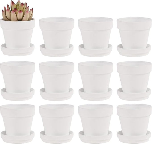 Fcacti 3 Inches Small White Terracotta Pots with Saucer, 12 Pack 3 Terra Cotta Planter with Drainage Holes, Small Clay Flower Pots for Plants, Succulents, Crafts, Wedding Favor