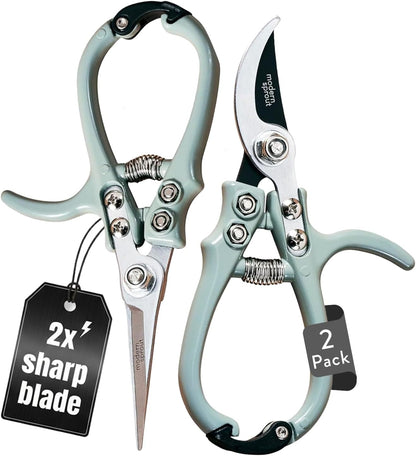 Modern Sprout Hand Pruners & Shears Set - Lightweight Gardening Tools W/Easy Lock - Sharp Carbon Steel Blades -Rust Resistant Scissors for Herbs, Flowers - Reusable Holster - Sage