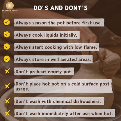 Swadeshi Blessings HandMade Exclusive Range Unglazed Clay Handi/Earthen Kadai/Clay Pot For Cooking & Serving with Lid, 2.8Liters (With Natural White Firing Shade & Mirror Shine) (Black)