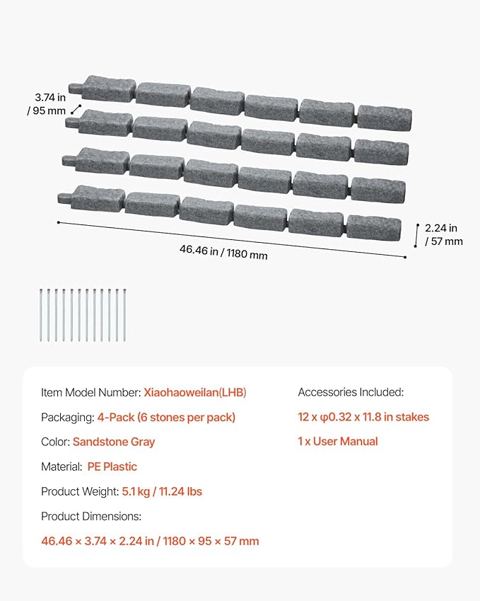 VEVOR Faux Stone Landscape Edging, No Dig Garden Edging Border, Flexible Blocks for Lawn Edging, Flower Beds, Driveway, Yards with 12 Spikes, 4 Pack 24 Bricks 16FT Kit, 46.5" Lx 3.7" W x 2.2" H, Grey