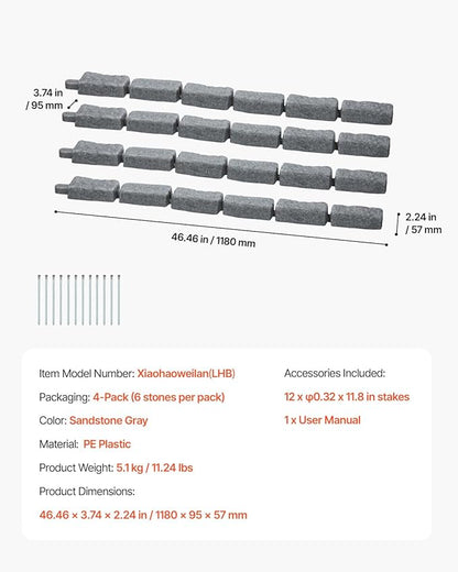VEVOR Faux Stone Landscape Edging, No Dig Garden Edging Border, Flexible Blocks for Lawn Edging, Flower Beds, Driveway, Yards with 12 Spikes, 4 Pack 24 Bricks 16FT Kit, 46.5" Lx 3.7" W x 2.2" H, Grey