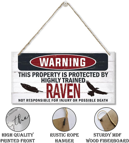 Warning Sign, Raven Warning Wood Plaque Sign, Funny Door Signs, Decorative Wood Hanging Suspension Plaque, Farmhouse Wooden Wall Decor, Outdoor Hanging Wooden Signs