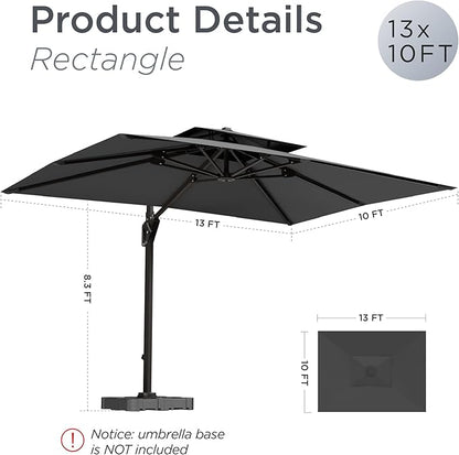 10' X 13' Patio Umbrella with Base Included Outdoor Large Rectangle Offset Cantilever Umbrellas Double Top Heavy Duty Windproof with 360-degree Rotation for Pool Garden Deck