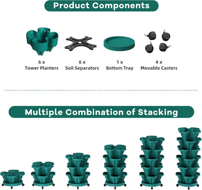 Strawberry Stackable Planters, Vertical Tower Garden, 6 Tiered Stacking Herb Vegetable Planters with Movable Casters and Bottom Saucer Indoor and Outdoor