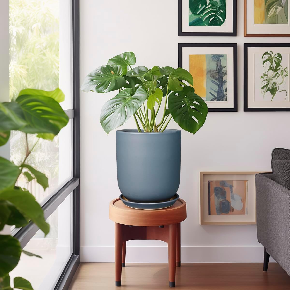 10 Inch Plant Pot - Ceramic Pot for Indoor Plants Outdoor Planter Large Flower Pot with Drainage Hole and Saucer Cylinder Gray