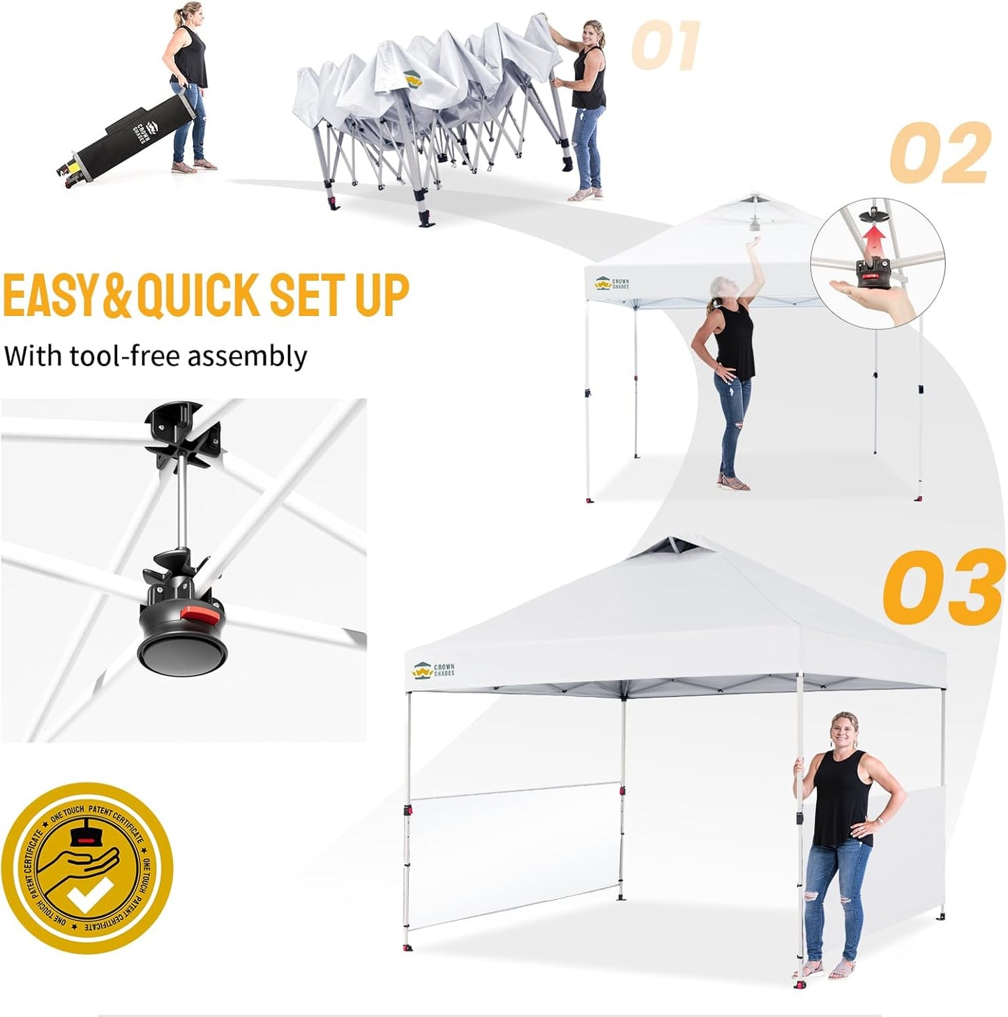CROWN SHADES 10x10 Pop up Canopy Tent Instant Canopy with 150D Silver Coated Fabric Including 2 Half Sidewalls, 4 Ropes, 8 Stakes, 4 Weight Bags, STO 'N Go Bag, White