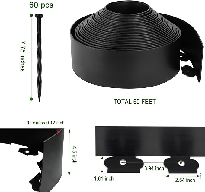 Hugeleaf 4.5 Inch Tall Landscape Edging 60 Feet Garden Edging with 60 Spikes, Plastic Landscape Border Edging for Landscaping Lawn, Flower Beds(Black)