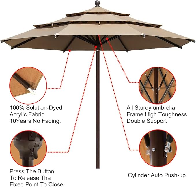 EliteShade USA 10-Year-Non-Fading 11FT 3 Tiers Market Umbrella Patio Umbrella Outdoor Table Umbrella with Ventilation, Heather Beige