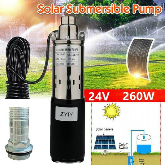 24V Stainless 3 Inch Bore 260W Solar DC Submersible Deep Well Pump Max.flow:2300L/h Max.H Lift 173.9ft Water Well Pump for Garden/Agricultural/Irrigation