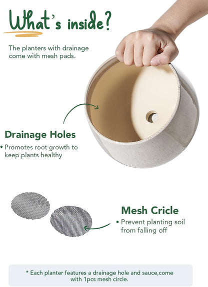LE TAUCI Plant Pots, 4.1+5.1+6.5 inch, Set of 3, Ceramic Planters with Drainage Hole and Saucer, Indoor Flower Pot with Hole Mesh Pad, Gifts for Mom, Reactive Glaze Beige