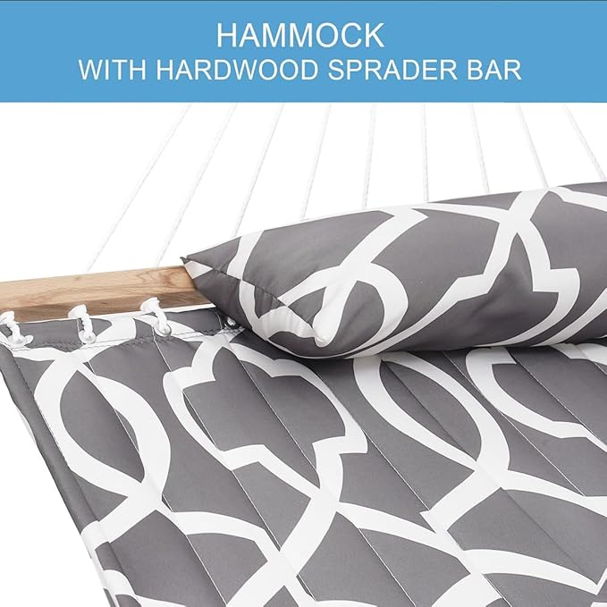 Lazy Daze Hammocks 12FT Quilted Fabric Hammock with Soft Pillow, Double 2 Person Tree Hammock with Spreader Bar for Outdoor Outside Patio Garden Yard, 450lbs Weight Capacity