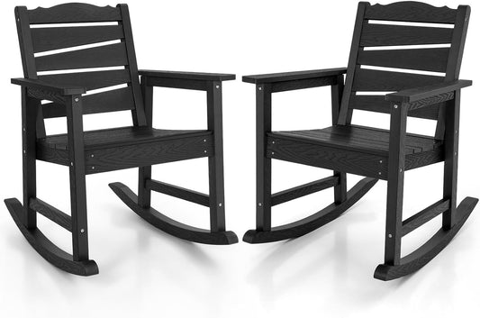 Patio Rocking Chairs Set of 2, Weatherproof HIPS Outdoor Rocking Chair for Adults, 400LBS Support Heavy Duty Porch Rocking Chairs for Garden, Lawn, Backyard, Outdoor and Indoor (Black)