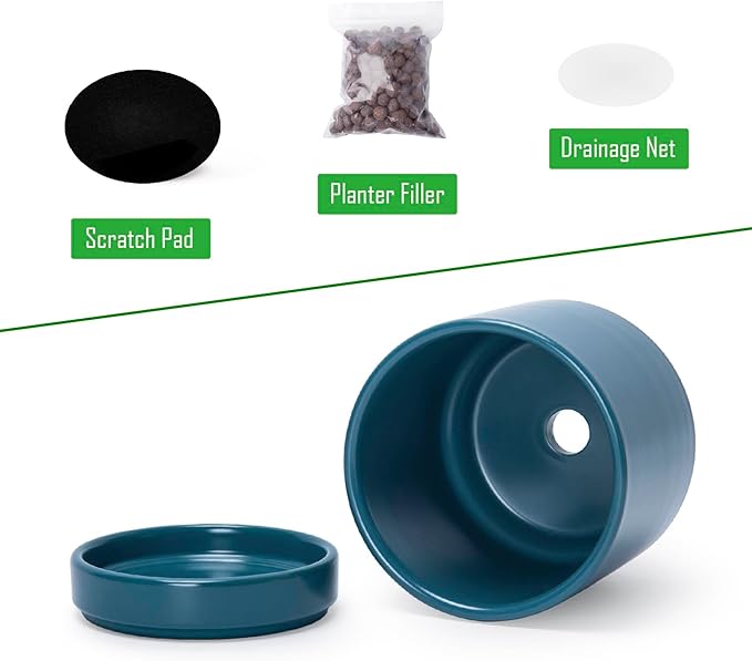 D'vine Dev Set of 2 Plants Pots, 4.7 Inch Ceramic Planter Pot for Plants with Drainage Hole and Saucer, Teal, 94-V-B-9