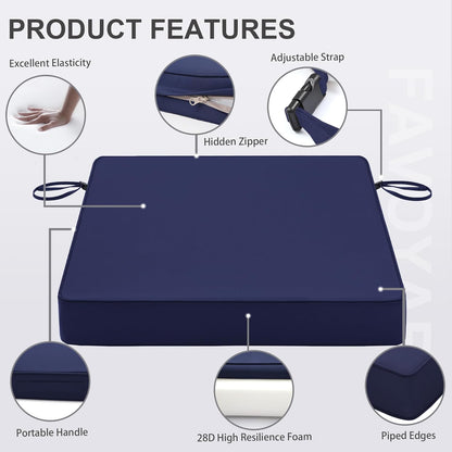 Favoyard Patio Chair Cushions 18.5 x 16 x 3 Inch Waterproof Outdoor Seat Cushions for Patio Furniture 3-Year Color Fastness Garden Sofa Couch Pads with Handle & Adjustable Straps Set of 2, Blue