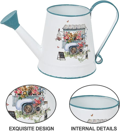 Cute Small Watering Can Indoor Plants Garden Metal Decorative Watering Cans for Outdoor Plants Bonsai Outdoor Garden Flower Decorative (White Blue, 1.5L, 50.7 Oz)