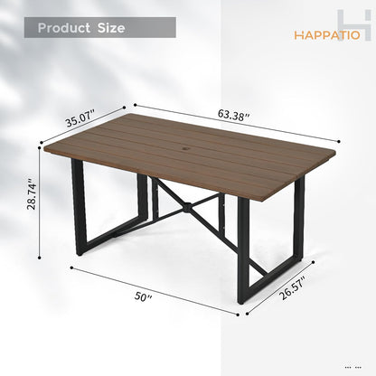 HAPPATIO Outdoor Acacia Wood Dining Table, 6-Person Patio Dining Table with Powder-Coated Aluminum Frame, Rectangle Outdoor Dining Table with Umbrella Hole for Deck Yard Garden