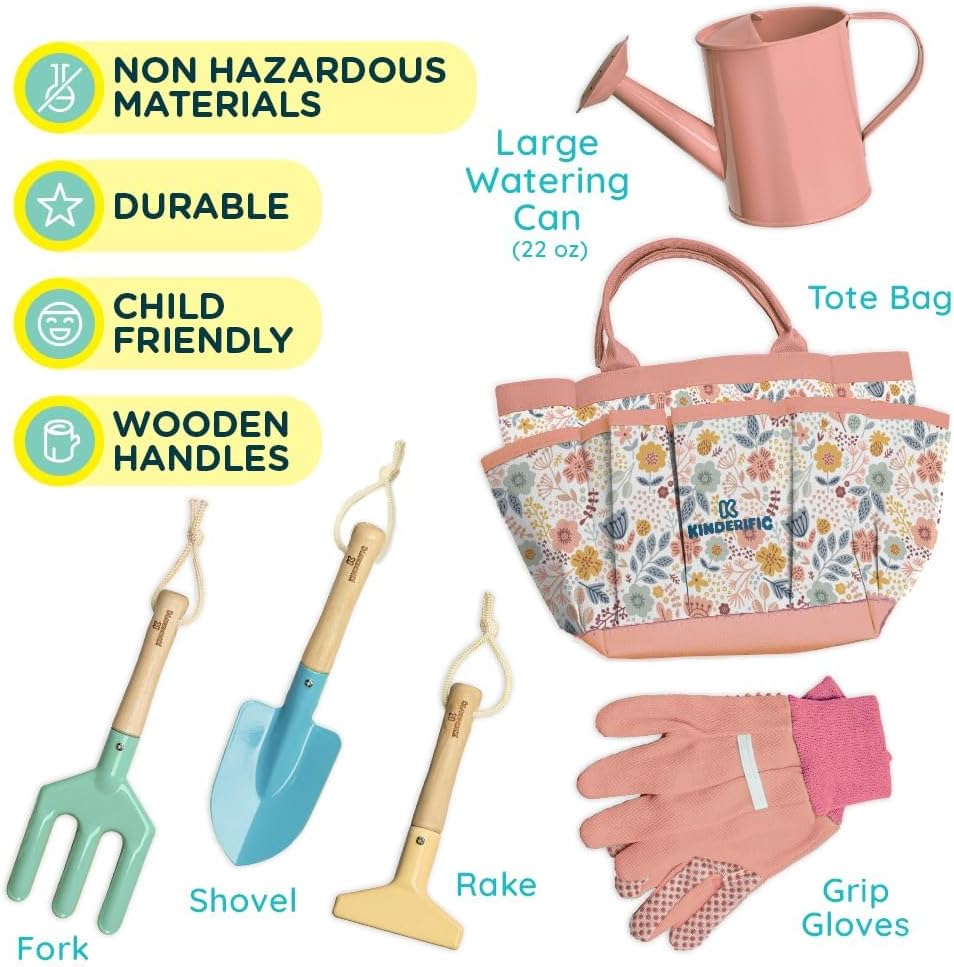 Gardening Set, Tool Kit, for Kids, STEM, Includes Tote Bag, Spade, Watering Can, Rake, Fork, Trowel and Gloves (Petal)