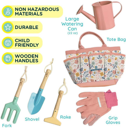 Gardening Set, Tool Kit, for Kids, STEM, Includes Tote Bag, Spade, Watering Can, Rake, Fork, Trowel and Gloves (Petal)