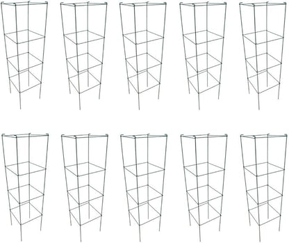 Green Square Folding Tomato Cage Plant Support Stake Tower 12 inch by 46 inch, Pack of 10 Sets