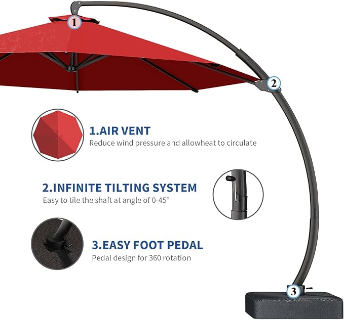 Outdoor Patio Umbrella with Sand Bag Included, 11 FT Deluxe Curvy Cantilever Umbrella Offset Hanging Umbrella with 360° Rotation for Market, Pool, Garden, Backyard, Deck