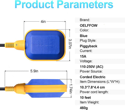 Sump Pump Universal Tethered Float Switch AC 15A 110~250V Piggyback Style Plug with 10 Feet Cord, Used in Sewage Pump, Water Tank, Septic Tank Pump, etc.