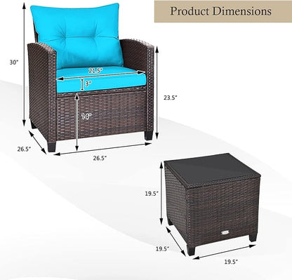 KOTEK 3 Piece Patio Furniture Set, Outdoor Conversation Set with Washable Cushions & Tempered Glass Tabletop, PE Rattan Wicker Bistro Set for Porch, Garden, Balcony (Turquoise)