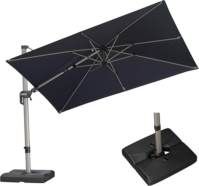 PURPLE LEAF 10' X 6.5' Left-right Tilting Patio Umbrella with Base Outdoor Swivel Cantilever Offset Aluminum Umbrella with Champagne Frame and 360-degree Rotation for Garden Deck Pool, Navy Blue
