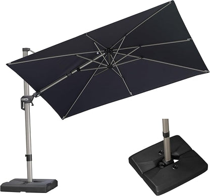 PURPLE LEAF 10' X 6.5' Left-right Tilting Patio Umbrella with Base Outdoor Swivel Cantilever Offset Aluminum Umbrella with Champagne Frame and 360-degree Rotation for Garden Deck Pool, Navy Blue