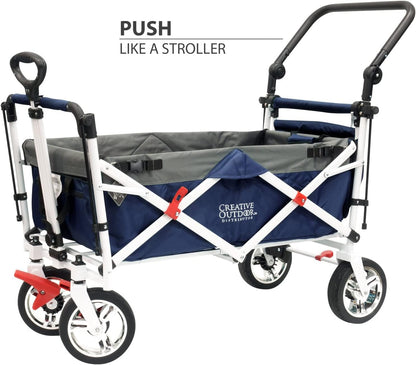 Creative Outdoor Collapsible Stroller Wagon with Seat Belts & Adjustable Handle – Foldable Utility Cart with Removable Canopy for Kids, Gear & Travel – Ideal for Beach, Park & Outdoor Fun - Navy Blue