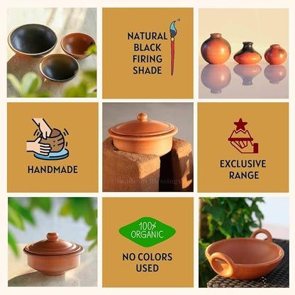 Swadeshi Blessings HandMade Exclusive Range Unglazed Clay Handi/Earthen Kadai/Clay Pot For Cooking & Serving with Lid, 2.8Liters (With Natural White Firing Shade & Mirror Shine) (Black)