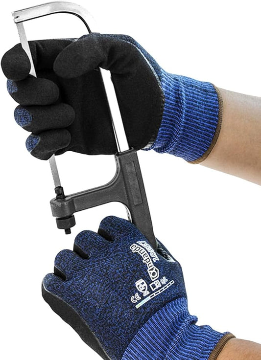 ANDANDA Level 5 Cut Resistant Gloves, 3D Comfort Stretch Fit, Double Frosted Nitrile Coated Work Gloves with Power Grip, Ideal Work Gloves for Handle Glass & Sharp Metal, Blue(XL),1Pair