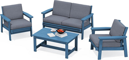 SERWALL 4 Piece HDPE Outdoor Furniture Set, All Weather Wood-Like Outdoor Sofa Sectional Couch, Blue Patio Furniture Set with Grey Cushions